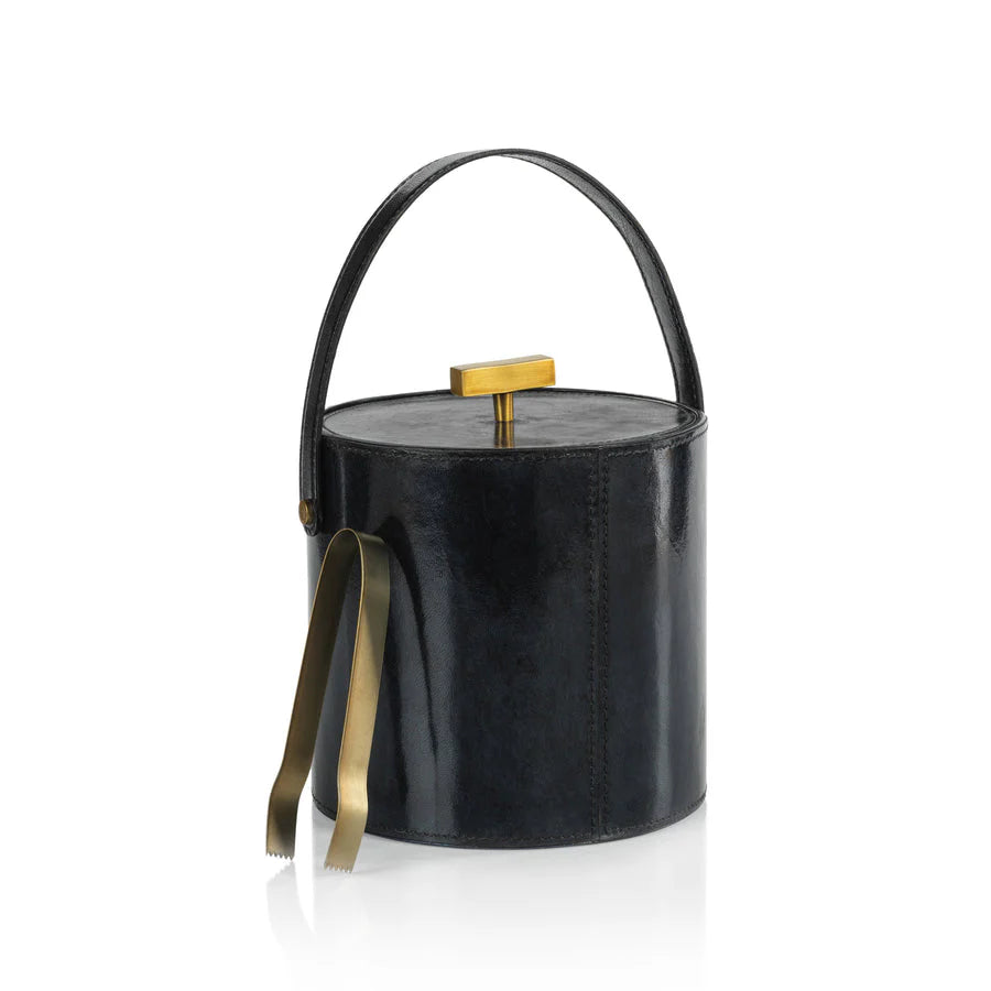 Blue Leather Ice Bucket with Lid and Gold Tong